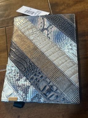 Brahmin Metallic Patchwork Journal in Silver, Cream, and Blue-Gray